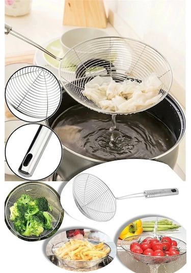 Çelik Kevgir Süzgeç Patates Kızartma Süzgeci Paslanmaz Tel Servis Seti 3lü Kevgir
