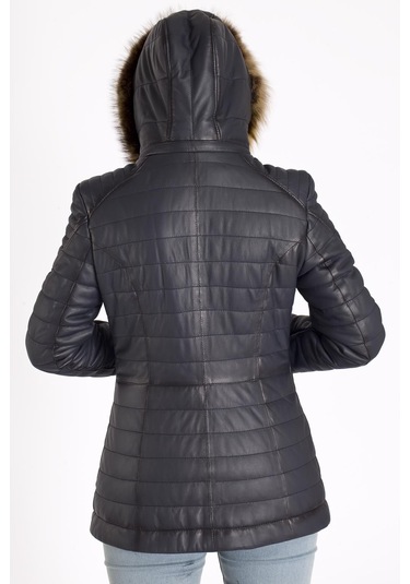 Bayan Kapşonlu Şişme Deri Mont Siyah