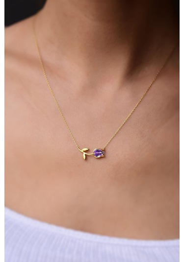 Papatya Silver 925 Ayar Gümüş Gold Kaplama Mor Taşlı Lale Kolye