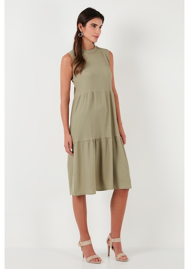 Lela Regular Fit Kolsuz Midi Bayan Elbise 5869008 Olive
