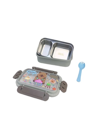 Kapibara 1 Paslanmaz Çelik Bölmeli Çocuk Yemek Seti - Sızdırmaz Gri