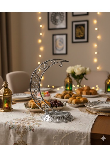 28 Cm Ramazan Dekoratif Masa Üstü Hilal Gümüş Plastik Tabanlı Süs Diğer