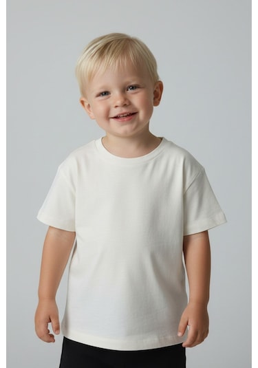 Luess Unisex Çocuk Pamuklu Bisiklet Yaka Basic Tişört 3 Yaş - 7 Yaş Ekru
