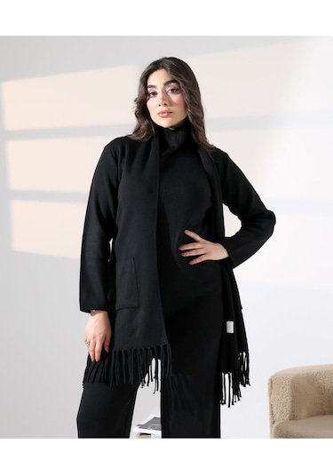 Bohem Şıklık Püskül Detaylı Üçlü Triko Takım Siyah