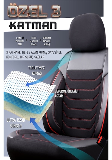 Renault Megane 2 Station Wagon Uyumlu Lüx Deri Detaylı Oto Koltuk Kılıfı Ön Arka Takım Carbon Siyah Kırmızı