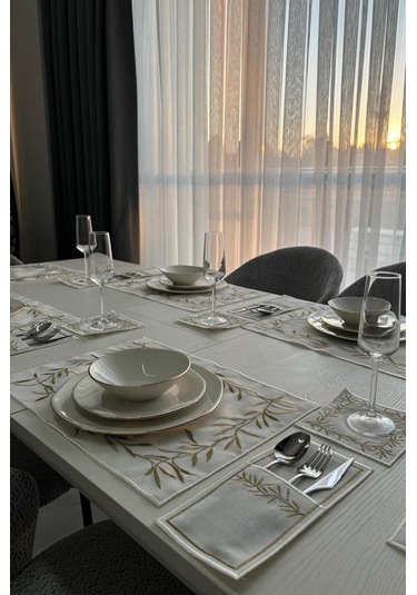 Nazlım Keten Nakışlı Amerikan Servis Takımı 19 Parça Gold Gold