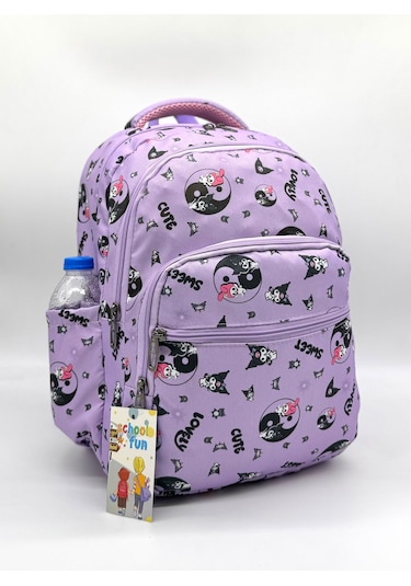 Sevimli Karakter Desenli Beslenmeli İlkokul Çanta Seti Lila