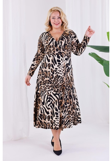 Kadın Kahve Leopar Desen Kruvaze Yaka Büyük Beden Esnek Maxi Elbise Kahverengi