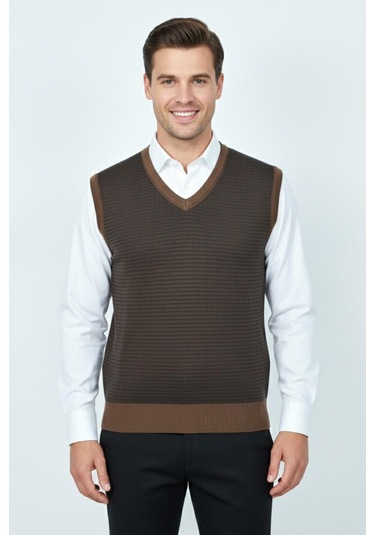 Erkek V Yaka Süveter Çelik Örgü Regular Kalıp Bgl-st04840 Taba