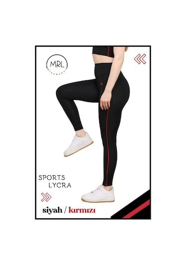Kadın Yüksek Bel Toparlayıcı Spor Tayt Siyah / Kırmızı Şerit Detaylı Lycralı Dalgıç 1041 Siyah Kırmızı