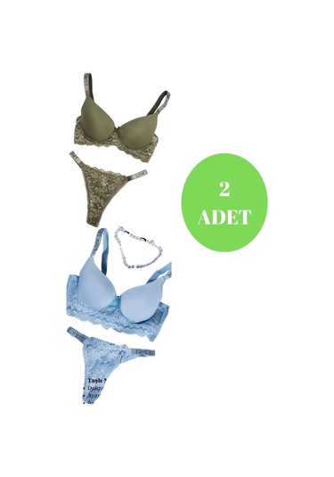 Murays Kadın 2 Li Taşlı Sütyen Takım Haki - Mavi