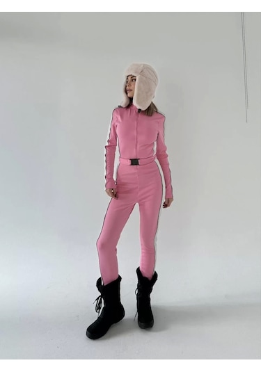 Kemer Detaylı Fermuarlı Tulum - Pembe Pembe