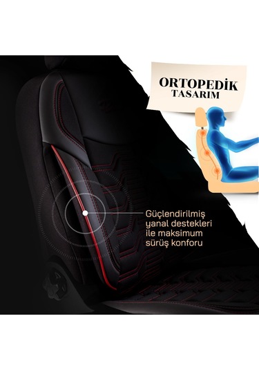 Panda Berlin Serisi Jakar Kumaş Oto Koltuk Kılıfı - Siyah - Kırmızı