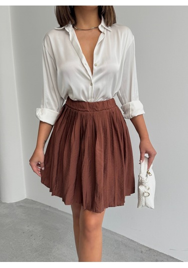 Kadın Modal Dokulu Piliseli Şortlu Mini Etek Kahverengi