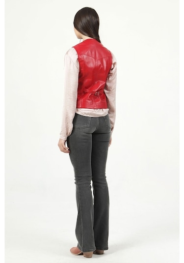 Dericlub Dc-001 Hakiki Deri Kadın Yelek Kırmızı