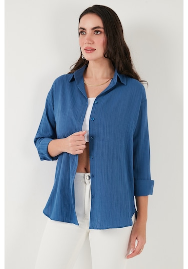 Lela Regular Fit Uzun Kollu Dokulu Bayan Gömlek 6772799 Indigo