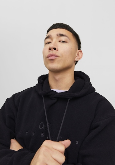 Jack & Jones Göğüs Baskılı Kapüşonlu Sweatshirt - Silverlake 12242470 Black Siyah