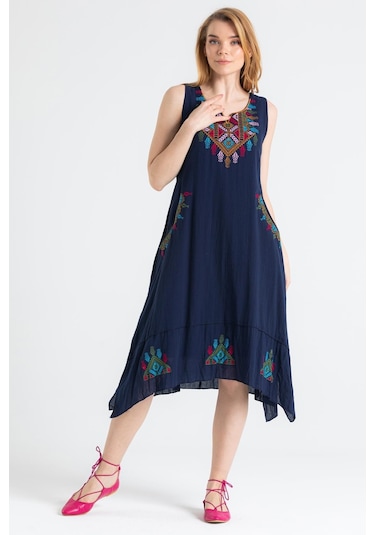 Kolsuz Şile Bezi Antik Nakışlı Midi Boy Elbise Lacivert Lcvt-lacivert Lacivert