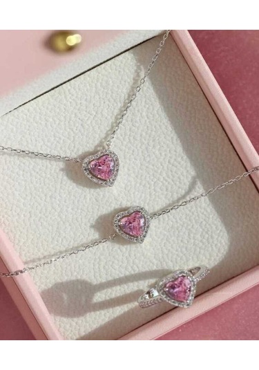 Vog Swarovski Taşlı S Model Kalp 925 Ayar Gümüş Takı Seti 3'lü Pembe