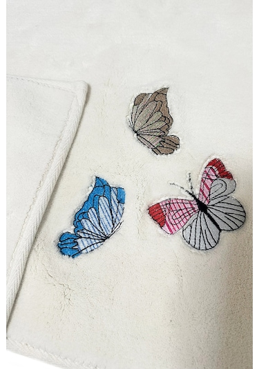 Beolle Ekru 2li Kelebek Nakışlı Pamuklu Banyo Paspası Renkli