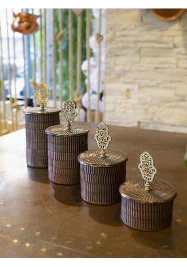 Bakır Baharat Takımı 4 Lü Tırtıklı Model Oksit Renk Oksit Bakır