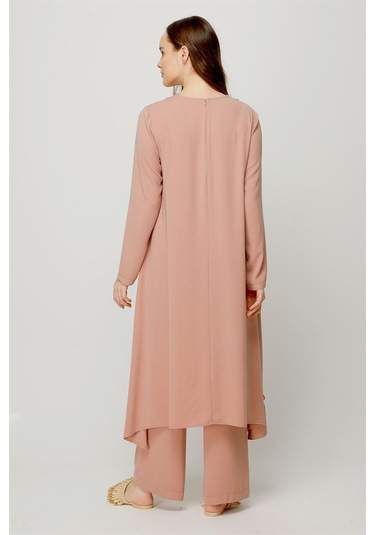Eteği Büzgü Detaylı Tunik Pantolon Takım Pudra-pudra Pudra