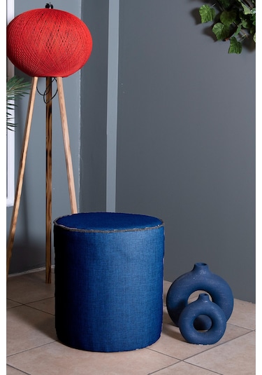VALERİA MAVİ KETEN KUMAŞ YUVARLAK PUFF &BENCH&KOLTUK&TABURE&POFUDUKYATAK ODASI PUF MODELLERİ