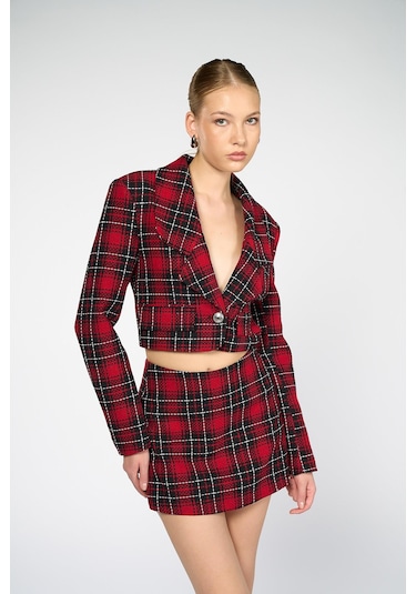 Kadın Kırmızı Ekoseli Crop Blazer Kırmızı