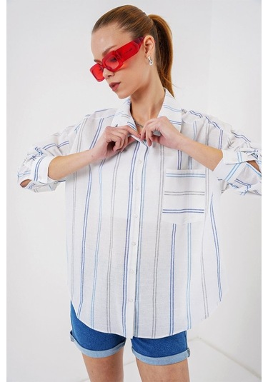 Gülsüm Aydın Çizgili Oversize Gömlek 20278 - Beyaz Beyaz