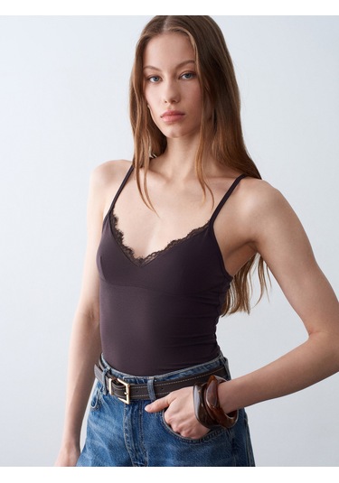 Dilvin 21191 Dantelli Top-koyu Kahve