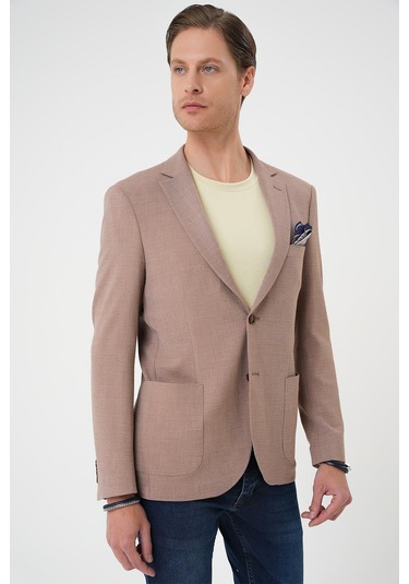 Comfort Fit Torba Cep Gofre Kumaş Casual Bej Ceket C 679 Bej