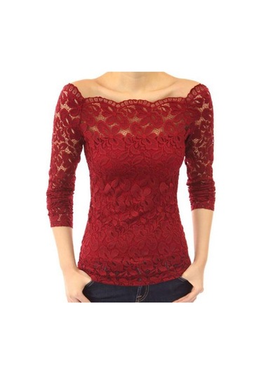 Kadın Üstler Eğik Yaka Uzun Kollu Dantel Gömlek Oyuk Dantel Eklemeli Düz Renk Dar Kesim Nakış Dantel Çiçekli Üstler Şarap Kırmızısı