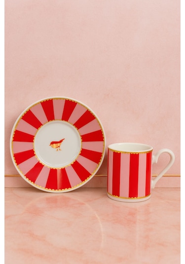 YzHome 2 Kişilik Porselen Yaldızlı Lovely Birds Özel Tasarım Pembe Kuşlu Kahve Fincan Takımı Seti 100ml