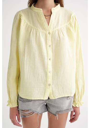 4733 Kadın Büzgü Robalı Uzun Kol Müslin Gömlek Tereyağı Sarısı Tereyağı Sarısı