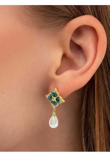 Brezza Lusso Jewelry Altın Kaplama Mineli Çiçek Model Sallantılı Inci Bayan Küpe
