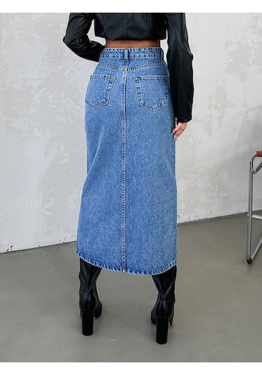 Dema Kadın Mavi Renk Yüksek Bel Pamuklu Bilek Boy Denim Etek