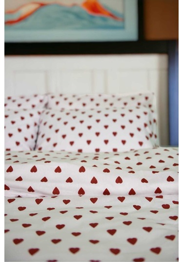 Kırmızı Kalpli Nevresim Seti Tek Kişilik Beyaz - Kırmızı