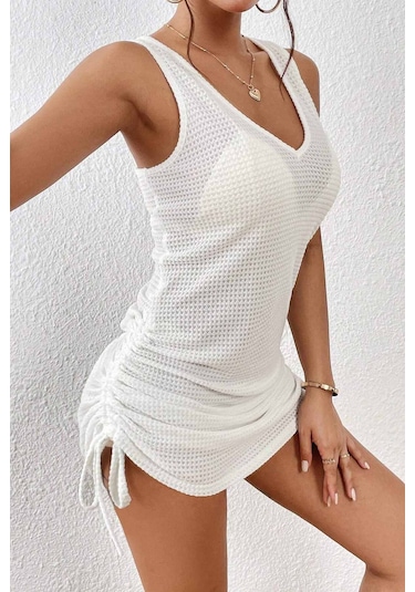 Angelsin Yandan Büzgülü Likralı Plaj Elbisesi Pareo Cover Up Kimono Beyaz