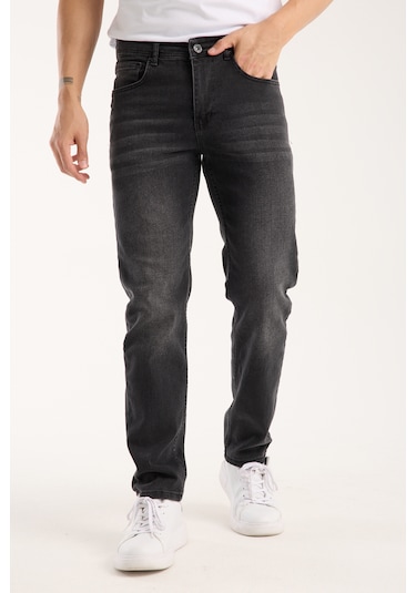 Erkek Pantolon Siyah Regular Fit Fermuarlı Jeans Füme