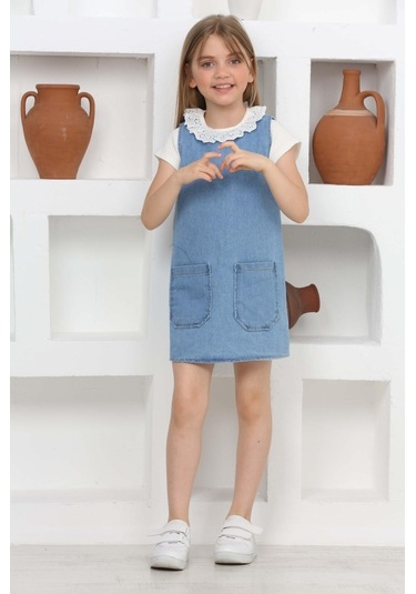 Kız Çocuk 2'li Jean Elbise Çift Cepli Jean Elbise+bluz 12203 Mavi