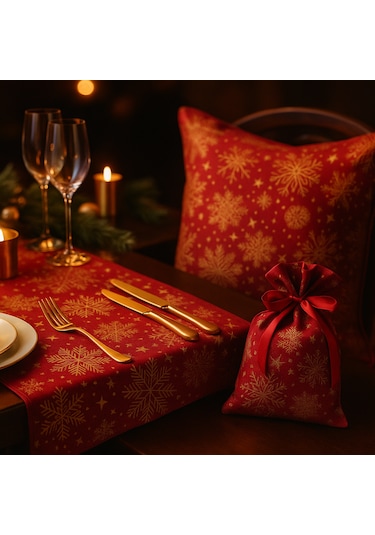 Kırmızı Yılbaşı Masa Runner + Kırlent + Hediye Kesesi 3'lü Set Kar Tanesi Desenli Kırmıızı