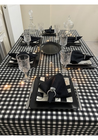 Sıvı Geçirmez Dertsiz Masa Örtüsü Kareli Desen Siyah