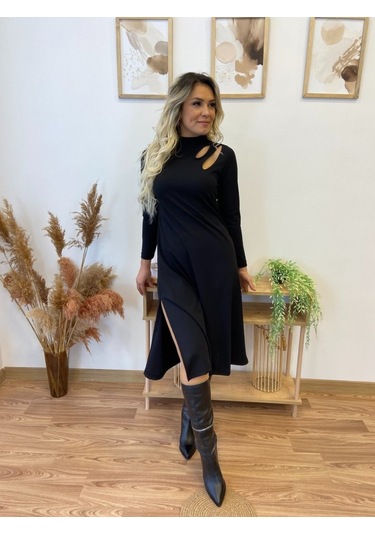 Nnstartshopping Kadın Uzun Kollu Balıkçı Yaka Omuzda Damla Detaylı Yırtmaçlı Krep Midi Elbise Siyah