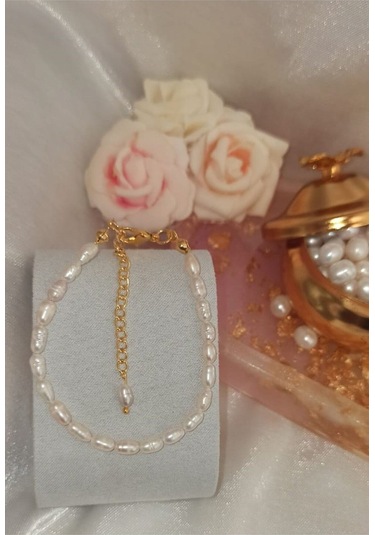 24k Altın Kaplama Gerçek Arpa İnci Tasarım Bileklik Beyaz Tek Eba Gold