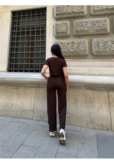 Kahve Modal Elastan Bisiklet Yaka Takım Kahve