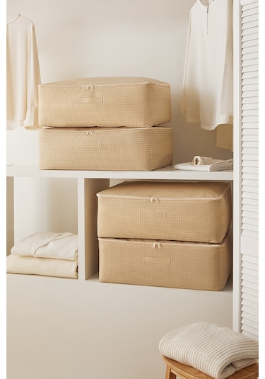 Home Wave 4'lü Büyük Boy Bej Pötikare Baza Altı Hurç Set 62 x 46 x 22 cm