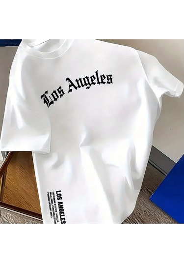 Guılan Erkek %100 Pamuk Los Angeles Baskılı Gevşek Yuvarlak Boyun Kısa Kollu Tişörtwhıte WHITE