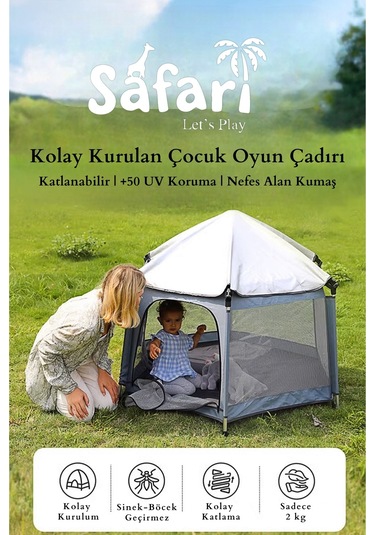 Kiwi Safari Çocuk-bebek Oyun Parkı Çadırı +50 Uv Korumalı,kolay Kurulum,alüminyum Sağlam Gövde - Latte