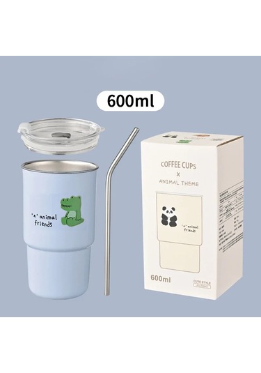 600 Ml 304 Paslanmaz Çelik Saman Bardak Araba Eşlik Eden Su Kapaklı Bardak Bluecrocodile Mavi