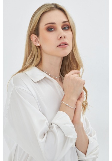 Lesa Wear Pırlanta Görünümlü Zirkon Taşlı Zarif Takı Seti Gümüş